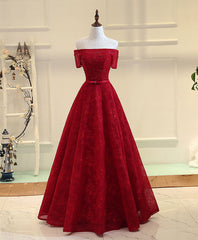 Prom Dresses Long Open Back, Burgundy Line  Lace Long Prom Dress, Burgundy Evening Dress