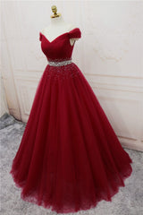 Homecoming Dress Ideas, Burgundy Long Tulle Off Shoulder Prom Dress , Junior Prom Dresses