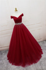 Homecoming Dress Beautiful, Burgundy Long Tulle Off Shoulder Prom Dress , Junior Prom Dresses