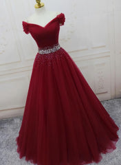 Homecoming Dresses Idea, Burgundy Long Tulle Off Shoulder Prom Dress , Junior Prom Dresses