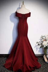 Winter Wedding, Burgundy Mermaid Long Prom Dress, Off the Shoulder V-Neck Formal Evening Dress