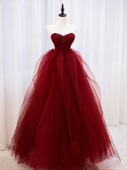 Blue Dress, Burgundy Off Shoulder Tulle Lace Long Prom Dresses, Burgundy Formal Graduation Dresses