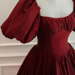 Bridesmaid Propos, Burgundy Puffy Sleeves Taffeta Long Prom Dress, Floor Length Sweetheart Party Dress