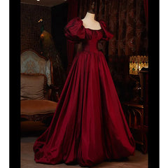 Bridesmaid Dresses Modest, Burgundy Puffy Sleeves Taffeta Long Prom Dress, Floor Length Sweetheart Party Dress