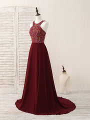 Party Dress Shop Near Me, Burgundy Round Neck Chiffon Beads Long Prom Dress