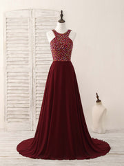 Party Dress Shops Near Me, Burgundy Round Neck Chiffon Beads Long Prom Dress