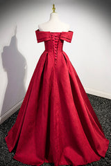 Cute Dress, Burgundy Satin Long Prom Dress, Off Shoulder Evening Party Dress