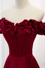 Homecoming Dresses Beautiful, Burgundy Satin Off the Shoulder Beaded Long Formal Dress, Burgundy A-Line Prom Dress