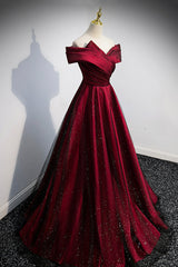 Evening Dress Green, Burgundy Satin Off the Shoulder Prom Dress, A-Line Evening Graduation Dress