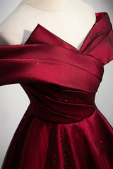 Evening Dress With Sleeve, Burgundy Satin Off the Shoulder Prom Dress, A-Line Evening Graduation Dress