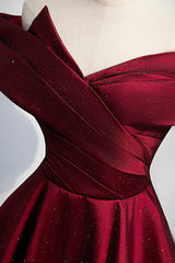 Evening Dress With Sleeves, Burgundy Satin Off the Shoulder Prom Dress, A-Line Evening Graduation Dress