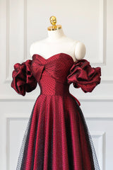 Classy Dress, Burgundy Satin Tulle Long Prom Dress, Off Shoulder Evening Party Dress