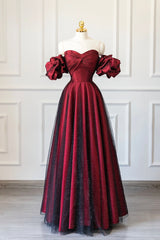 Purple Dress, Burgundy Satin Tulle Long Prom Dress, Off Shoulder Evening Party Dress