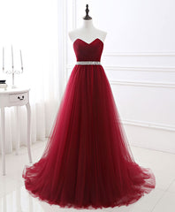 Club Dress, Burgundy Sweet Neck Tulle Long Prom Gown, Burgundy Evening Dress