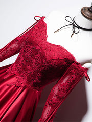 Formal Dresses Simple, Burgundy Sweetheart Lace Satin Long Prom Dress Burgundy Evening Dress