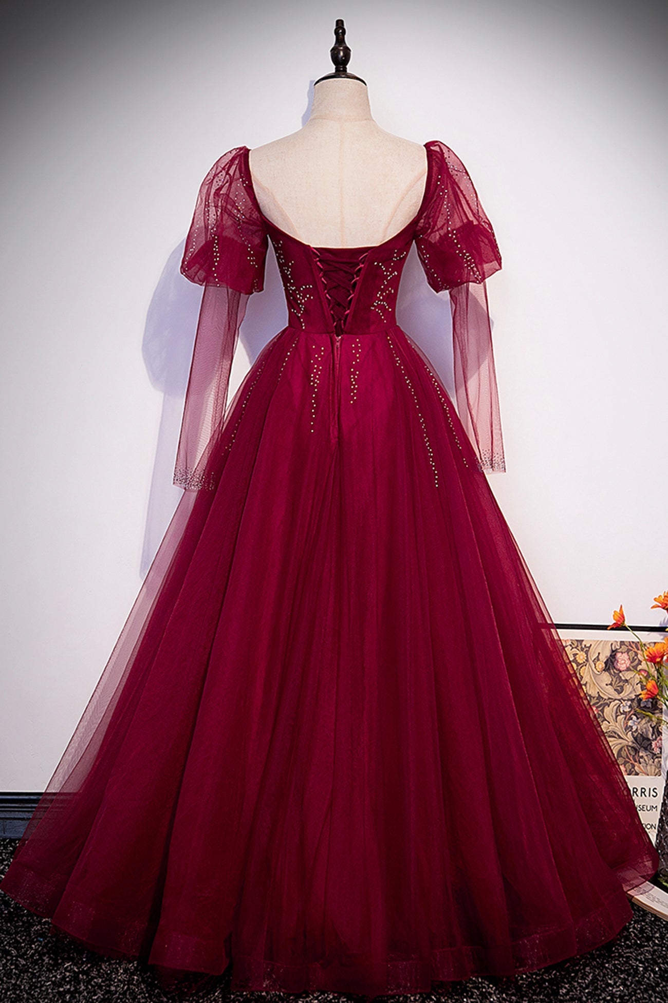 Prom Dresses 2024 Blue, Burgundy Tulle Beaded Long Sleeve Prom Dress, A-Line Evening Graduation Dress