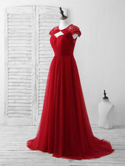 Bridesmaid Dress Websites, Burgundy Tulle Lace Long Prom Dress Burgundy Evening Dress