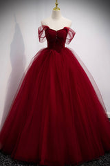 Evening Dress Lace, Burgundy Tulle Long A-Line Evening Dress, Off the Shoulder Formal Party Dress