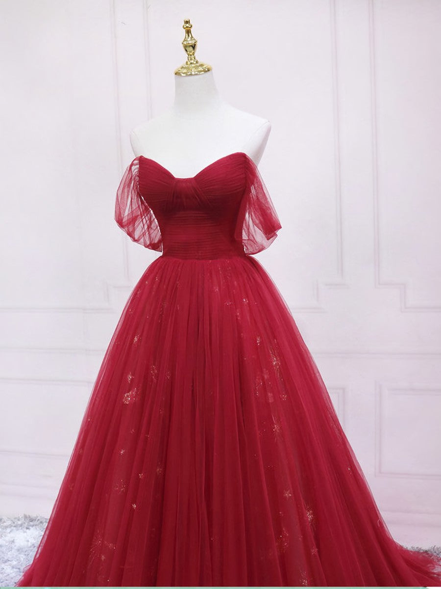 Modest Dress, Burgundy Tulle Long Prom Dress, Burgundy Evening Dress