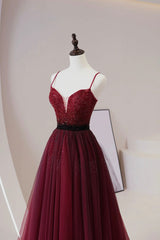 Tights Dress Outfit, Burgundy Tulle Long Prom Dress with Beaded, Spaghetti Straps Evening Dress