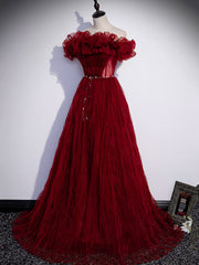 Party Dresses Long Sleeve, Burgundy Tulle Off Shoulder Long Prom Dress, Burgundy Evening Dress