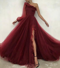 Short White Dress, Burgundy tulle prom dress one shoulder evening dress