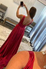 Burgundy V Neck Backless Long Prom Dress with Lace