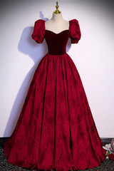 Party Dress Boots, Burgundy Velvet Long A-Line Prom Dress, Burgundy Short Sleeve Evening Dress