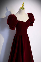 Party Dresses For Girl, Burgundy Velvet Long A-Line Prom Dress, Simple Short Sleeve Party Dress