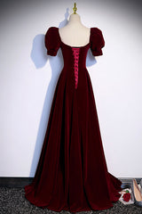 Party Dress Man, Burgundy Velvet Long A-Line Prom Dress, Simple Short Sleeve Party Dress