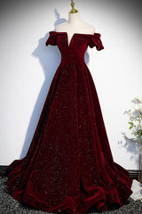 Prom Dresses 3 7 Sleeves, Burgundy Velvet Long Prom Dress, A-Line Off the Shoulder Evening Dress