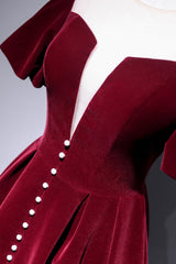 Party Dress Outfits Ideas, Burgundy Velvet Short Prom Dress, Cute A-Line Party Dress