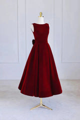 Bridesmaid Dress Styles Long, Burgundy Velvet Tea Length Prom Dress, A-Line Party Dress with Bow