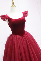 Bridesmaid Dresses Satin, Burgundy Velvet Tulle Tea Length Prom Dress, Cute A-Line Party Dress