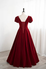 Bridesmaid Dressing Gowns, Burgundy Velvet Velvet Long Prom Dress, Cute Short Sleeve Party Dress