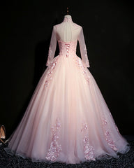 Prom Dresses Ball Gown Style, Pink Tulle Beaded Long Lace Applique Formal Prom Dress, Evening Dress, With Sleeve