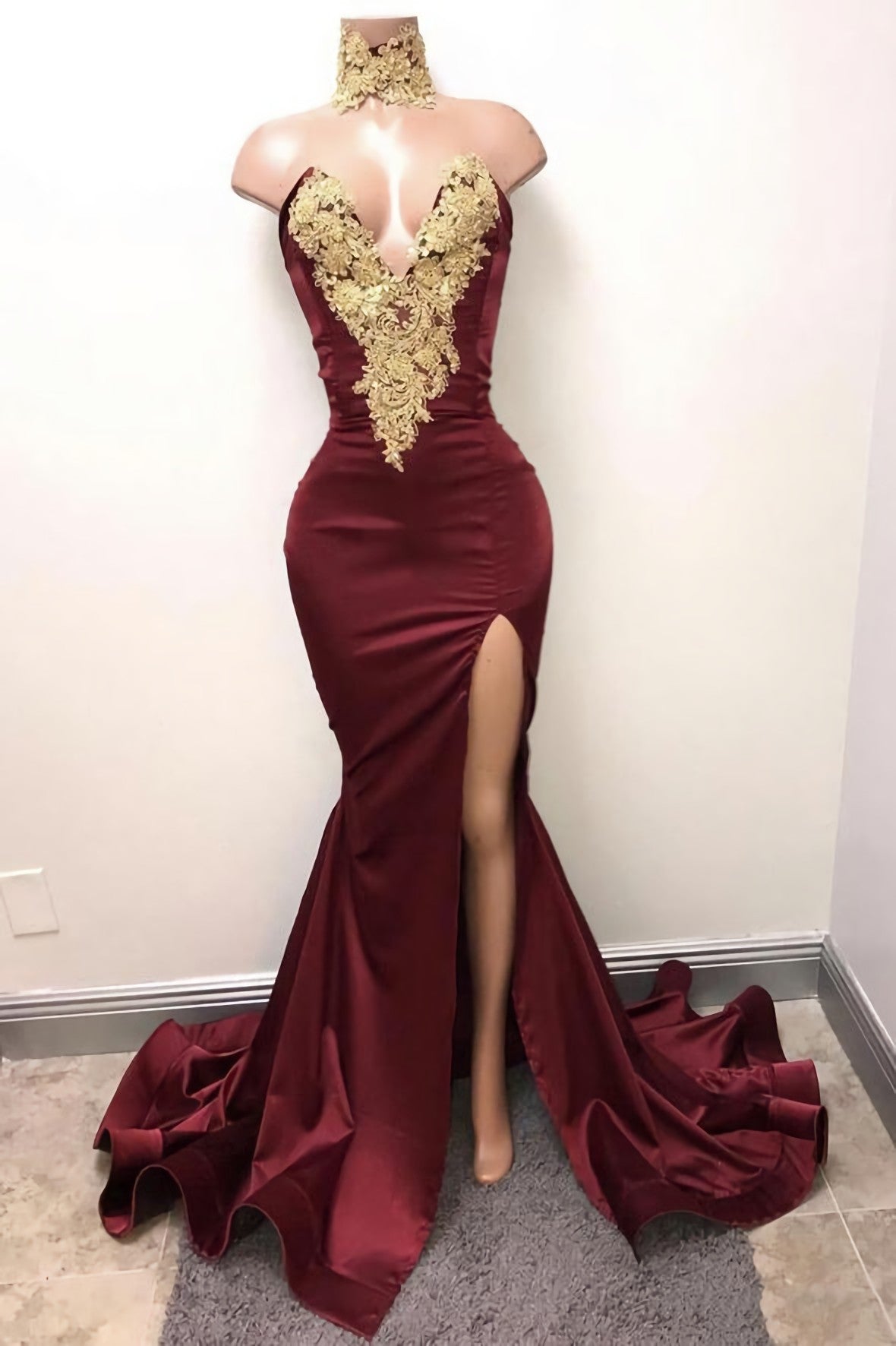 Vintage Prom Dress, Burgundy Lace Long Prom Dress, Mermaid Evening Dress