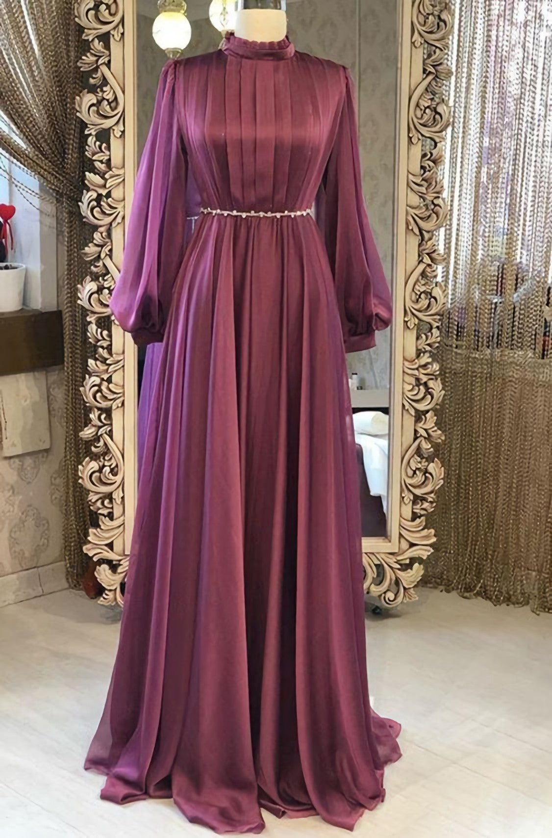 Evening Dress Elegant, Chiffon Long Sleeves High Neck Fashion Prom Dress