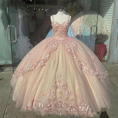 Prom Dresses Long Formal Evening Gown, Pink Sparkly Quinceanera Prom Dresses, Lace Flower Sweet 16 Tulle Party Ball Gown