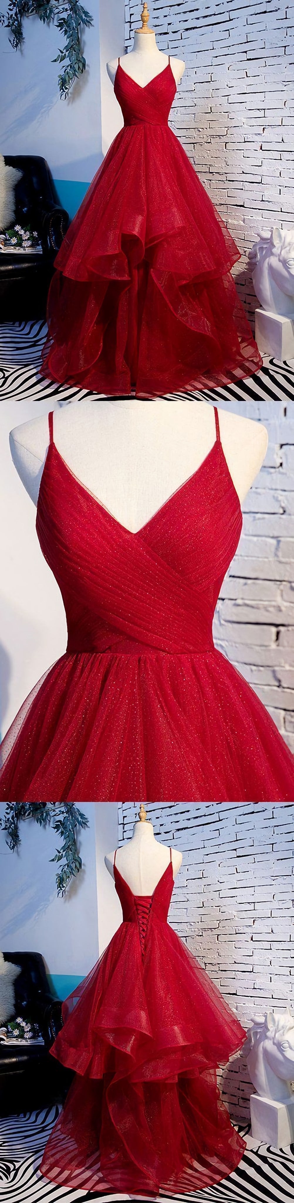 Prom Dresses Around Me, Elegant Tulle Red Straps Prom Dress, A Line Prom Dresses, Long Evening Dress, Burgundy Prom Dress