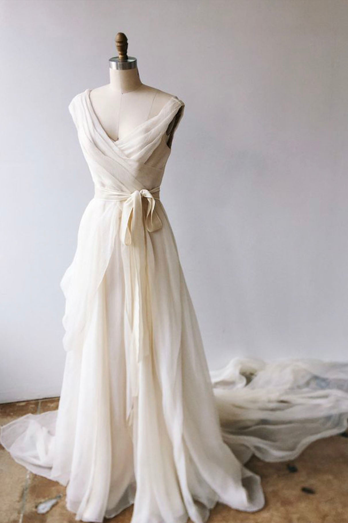 Party Dress Christmas, Champagne Chiffon Long A-Line Prom Dress, Simple V-Neck Evening Dress