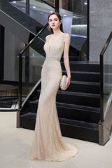 Winter Wedding, Deep V neck Backless Full of Bead Sequined Mermaid Long Prom Dresses