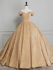 Formal Dress Boutiques Near Me, Champagne Off Shoulder Sequin Long Prom Dress, Champagne Formal Dress