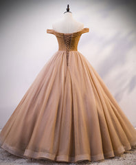 Summer Wedding Guest Dress, Champagne Sweetheart Off Shoulder Tulle Sequin Long Prom Dresses