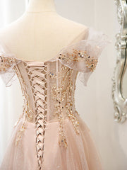 Party Dresses Sleeves, Champagne Tulle Lace A line Long Prom Dress, Lace Champagne Evening Dress