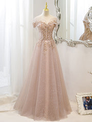 Party Dress For Cocktail, Champagne Tulle Lace A line Long Prom Dress, Lace Champagne Evening Dress