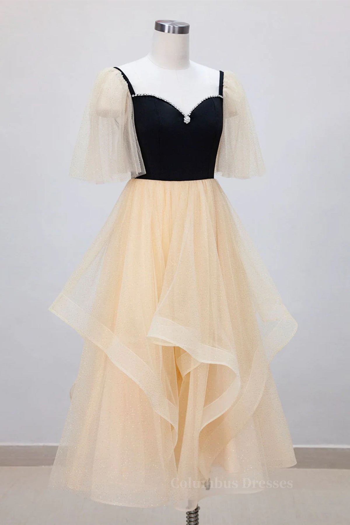 White Dress, Champagne V Neck Tea Length Prom Dresses, Tea-Length Formal Graduation Dresses