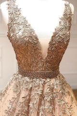 Homecoming Dress Bodycon, Champagne v neck tulle lace beads long prom dress tulle formal dress