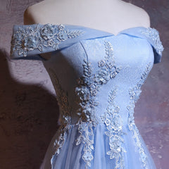 Corset Prom Dress, Charming Blue Elegant Tulle Party Dress with Lace Applique, Long Prom Dress