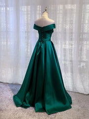 Party Dress Teens, Charming Dark Green Satin Long Junior Prom Dress, Off Shoulder Evening Gown